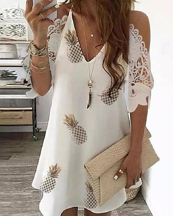 Cold Shoulder Crochet Lace Printed Hollow Out Casual Dress