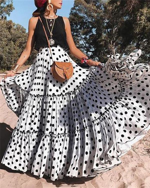 Polyester Polka Dot Floor-Length Pleated Skirts Flared Skirts A-Line Skirts