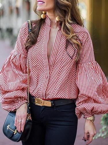 Balloon Sleeve Elegant Gingham Stand Collar Blouse