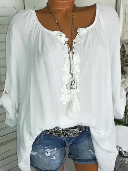 Long Sleeve Casual Solid V neck Plus Size Blouse