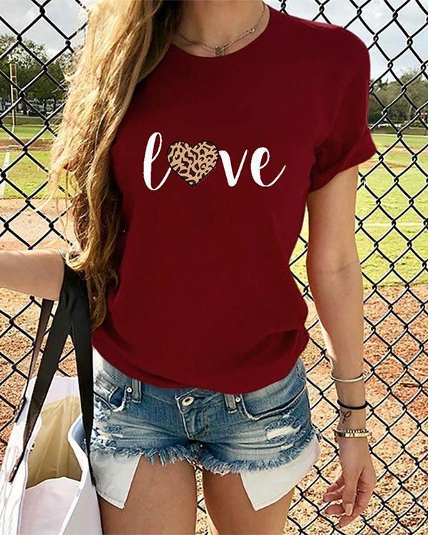 Love Heart  Women Short Sleeve Shirt Printed Leopard Tops