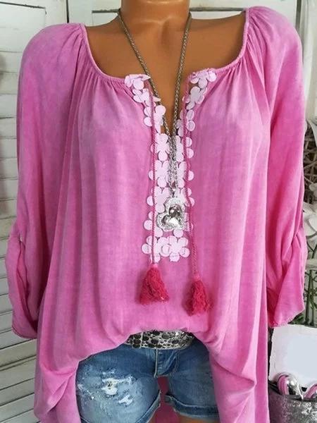 Long Sleeve Casual Solid V neck Plus Size Blouse