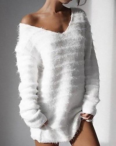 Long Sleeve V Neck Loose Sweater Dress Autumn Winter Casual Knit Pullover Tops