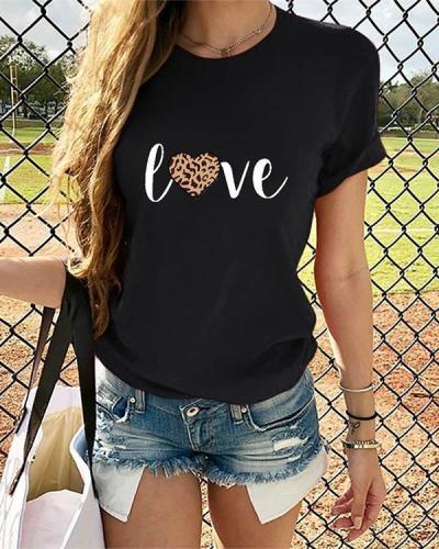 Love Heart  Women Short Sleeve Shirt Printed Leopard Tops