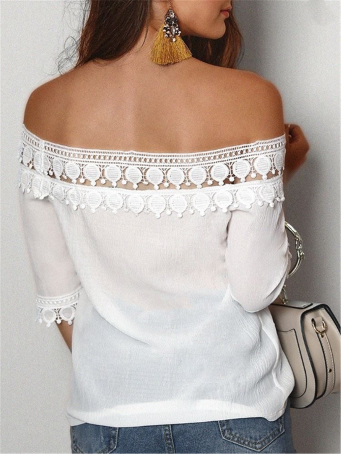 Midi-sleeve Off-shoulder White Elegant Blouses Tops