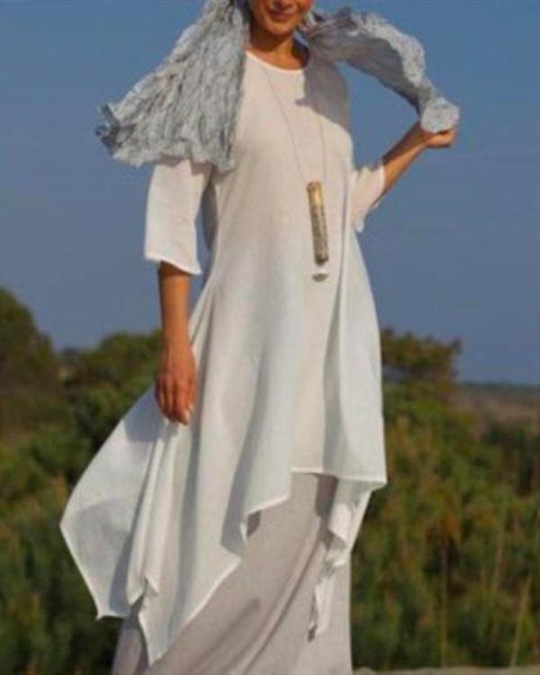 New Solid Color Linen Dress Loose Long-Sleeved Cotton Dress