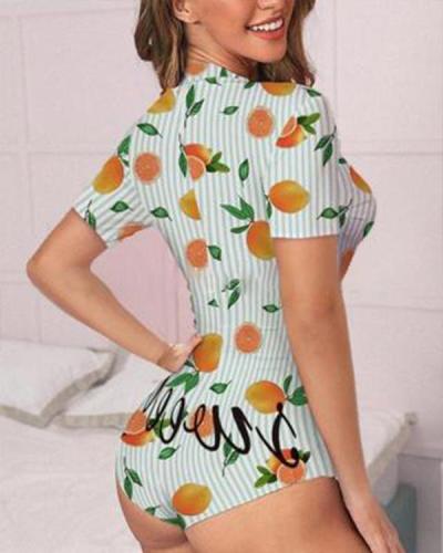 Low Cut Short Sleeve Print Lounge Romper