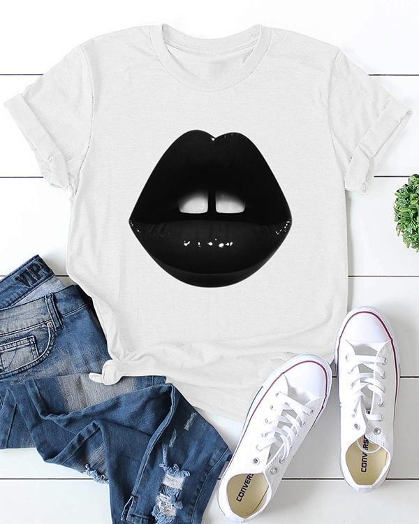 Mouth Print Paneled Short Sleeves Casual T-shirt