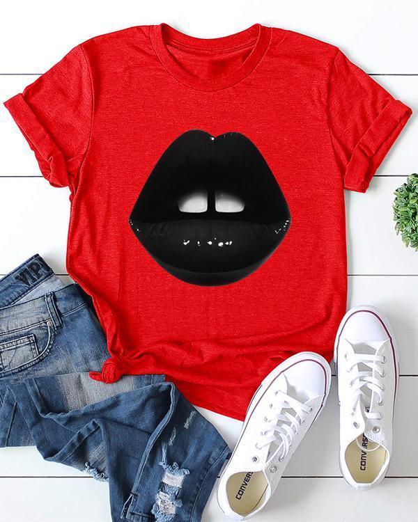 Mouth Print Paneled Short Sleeves Casual T-shirt