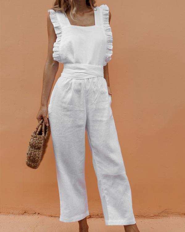 Ruffled Backless Sexy Linen Plus Size Jumpsuit