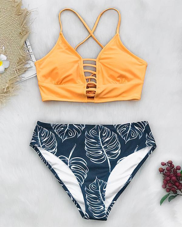 Sexy colorblock multiline strap print split bikini