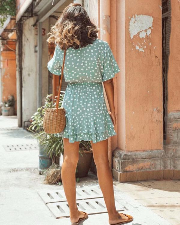 Ruffled Short Sleeve V-neck Polka Dot Lace Up Mini Dress