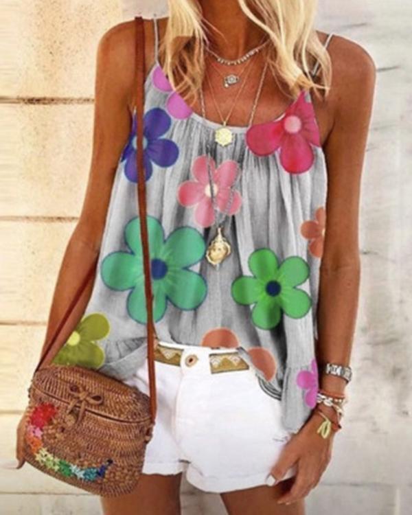 Print Floral Spaghetti Strap Sleeveless Casual Tank Tops