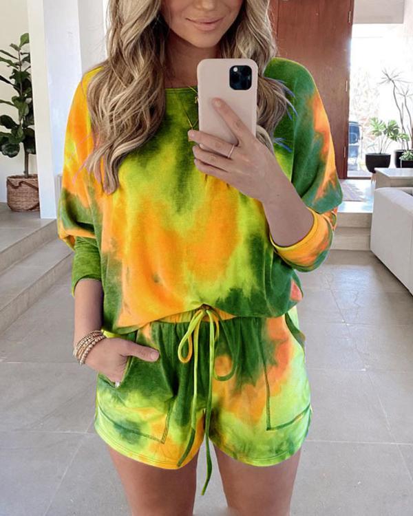 Tie Dye Long Sleeve Top And High Waist Shorts Women Loungewear