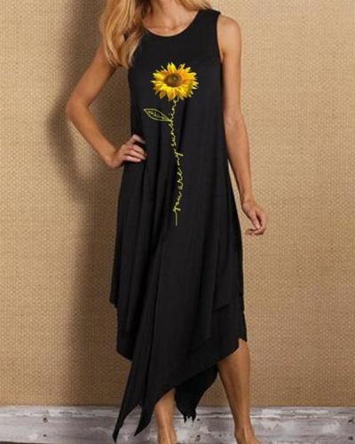 Sleeveless Sunflower Print Irregular Hem Holiday Midi Dress