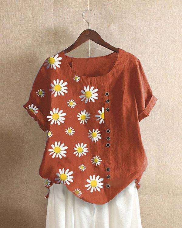 Print Flower Casual Crew Neck Plant Shirts & Tops