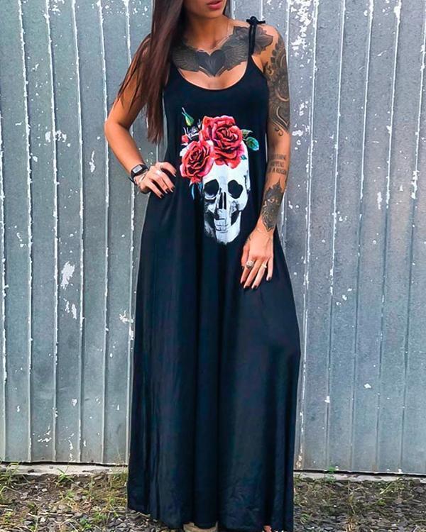 Skull Print Spaghetti-Strap Sexy Long Dress