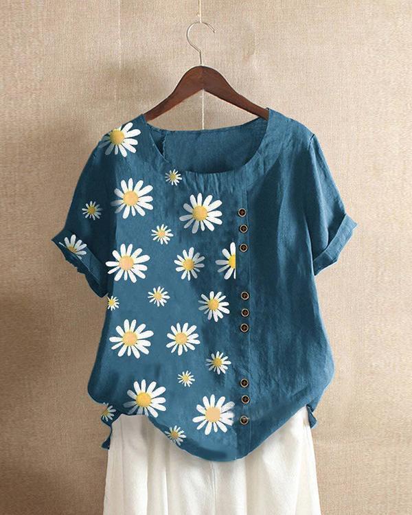 Print Flower Casual Crew Neck Plant Shirts & Tops