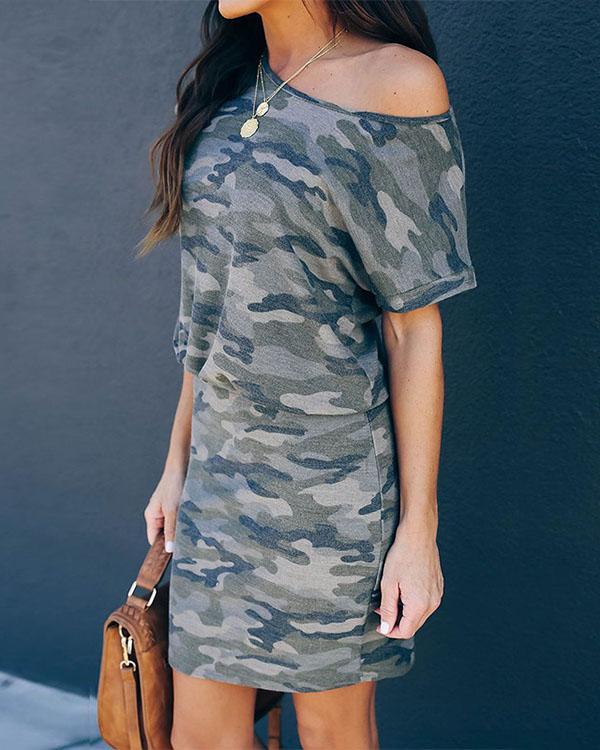 Print Round Neck Short Sleeve Camouflage Casual Dress