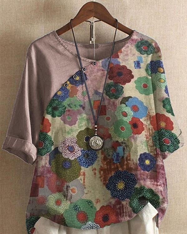 Vintage Color-block Printed Cotton And Linen Button Blouses