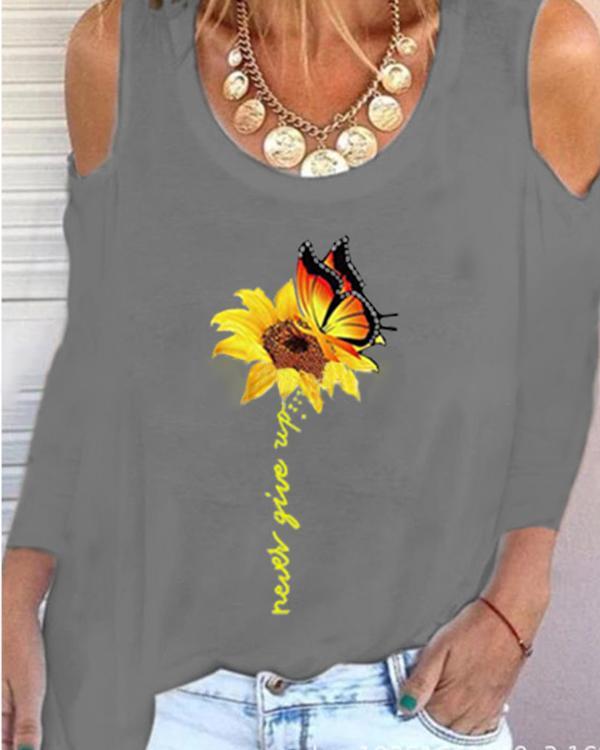 Sunflower Print Long Sleeve Casual Shirts & Tops