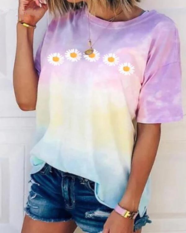 US$ 25.19 - Daisy Tie-Dye Print Crew Neck Casual T-Shirts & Tops - www ...