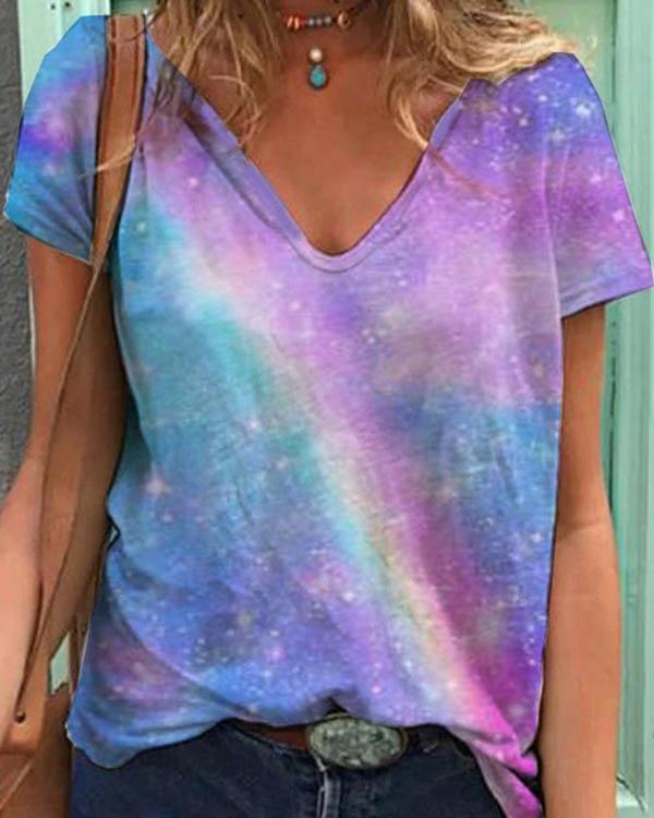 Gradient Print Paneled V-neck Short Sleeves Casual T-shirt