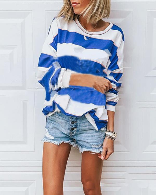 Women's Loose Round Neck Long Sleeve Striped T-shirt Tops