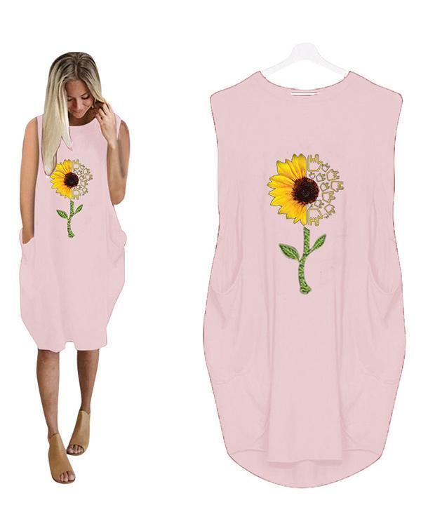 Sumflower Printing Oversized Long T-Shirt Sleeveless Midi Dress With Pockets