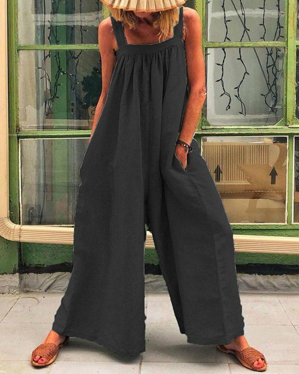 Solid Color Casual Sling Loose Jumpsuit