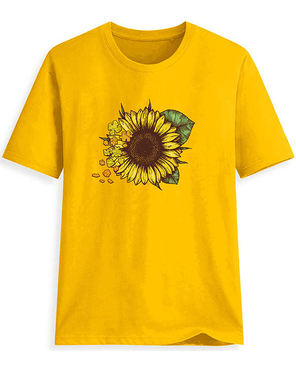 Women Print Sunflower T-shirt Ladies Short Sleeve Daily Tops