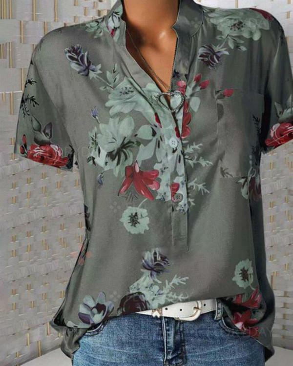 Print Floral Short Sleeve V Neck Casual Blouse