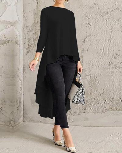 Solid Color Asymmetrical High Low Blouse