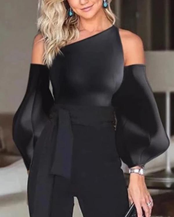 Solid Color Off-The-Shoulder Puff Sleeves Jumpsuit