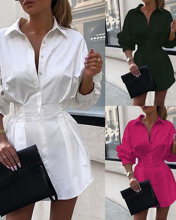 solid long sleeve tight waist shirt dress