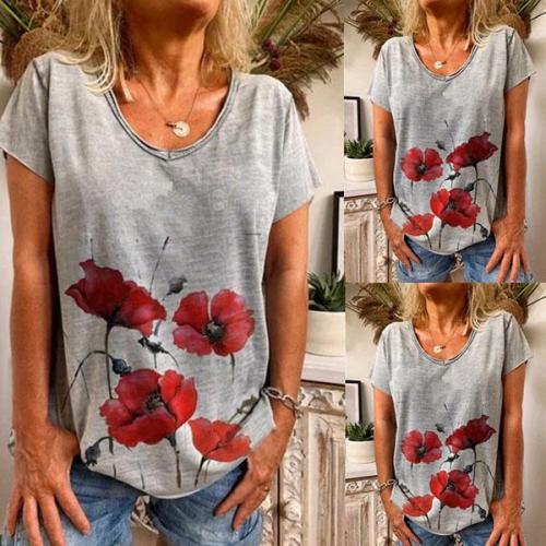 Gray Short Sleeve Printed Cotton Shirts & Tops