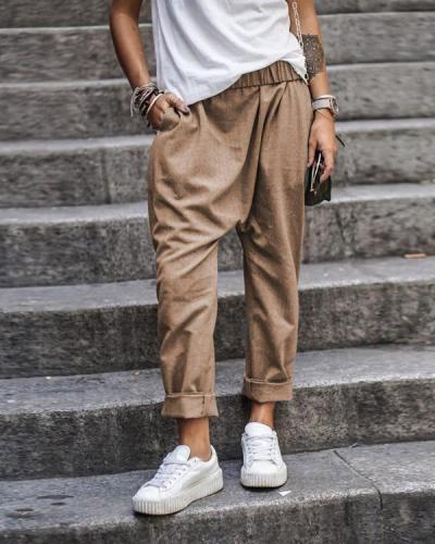 Solid Color Casual Pocket Elastic Waist Harem Pants