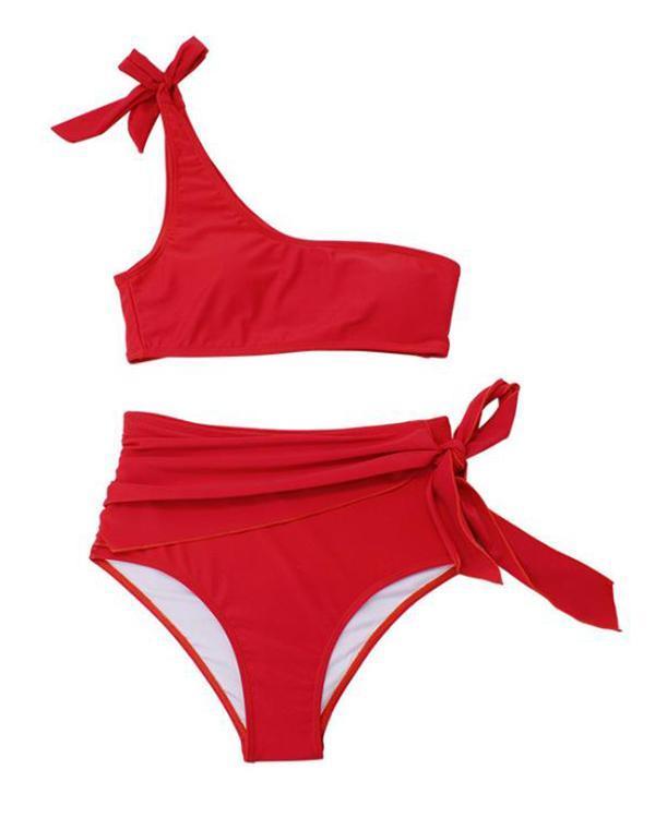 Sexy Sloping Shoulder High Waist Belted Bikini Swimsuit