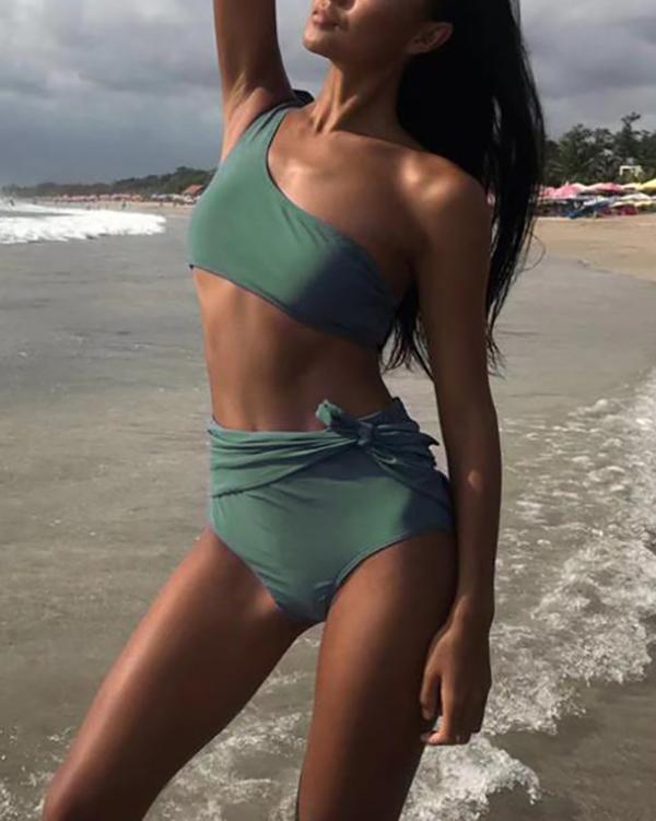 Sexy Sloping Shoulder High Waist Belted Bikini Swimsuit