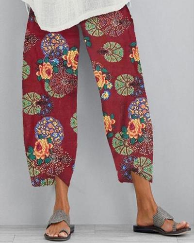 Cotton And Linen Printed Elastic Cropped Pants