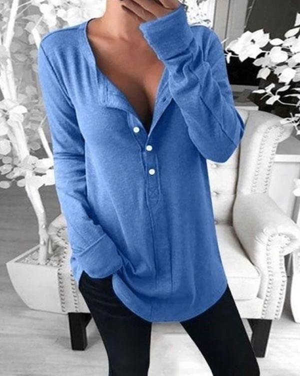 Casual Cotton V-neck Solid Color Shirt