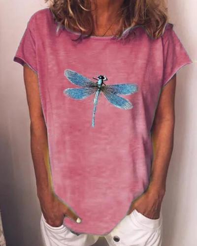 Summer Casual Dragonfly Printed O-Neck Short Sleeve Cotton T-Shirt