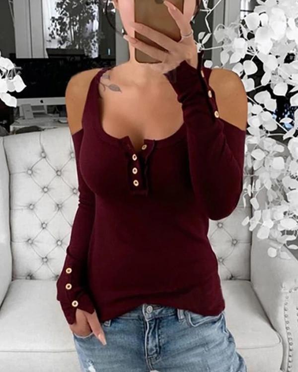Cold Shoulder Long Sleeves Button Up Casual Knit Blouses