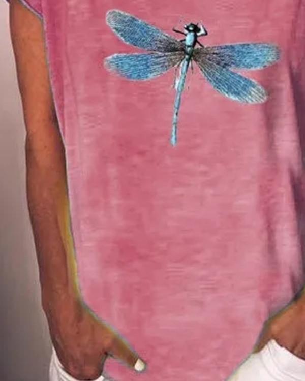 Summer Casual Dragonfly Printed O-Neck Short Sleeve Cotton T-Shirt