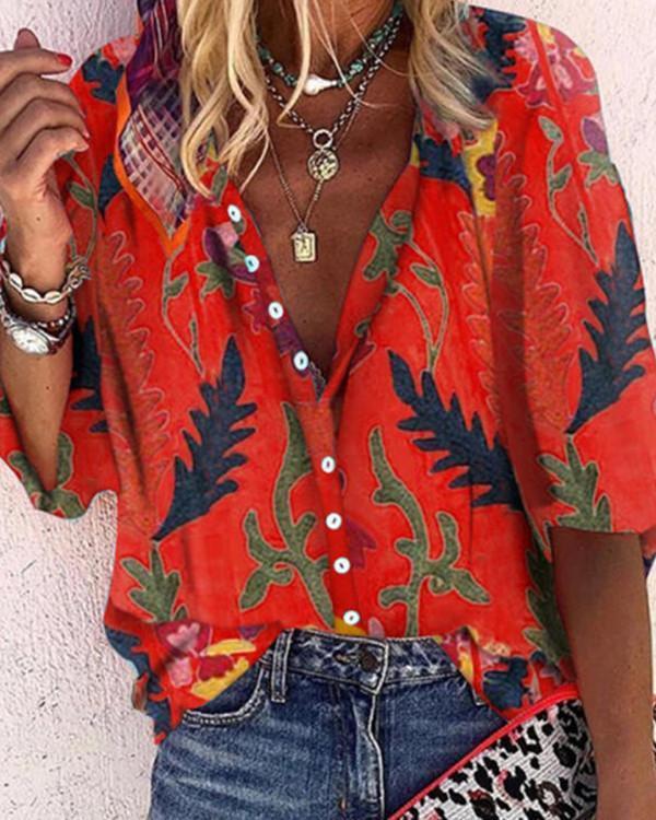 Print V-Neck 1/2 Sleeves Button Up Casual Knit Blouses