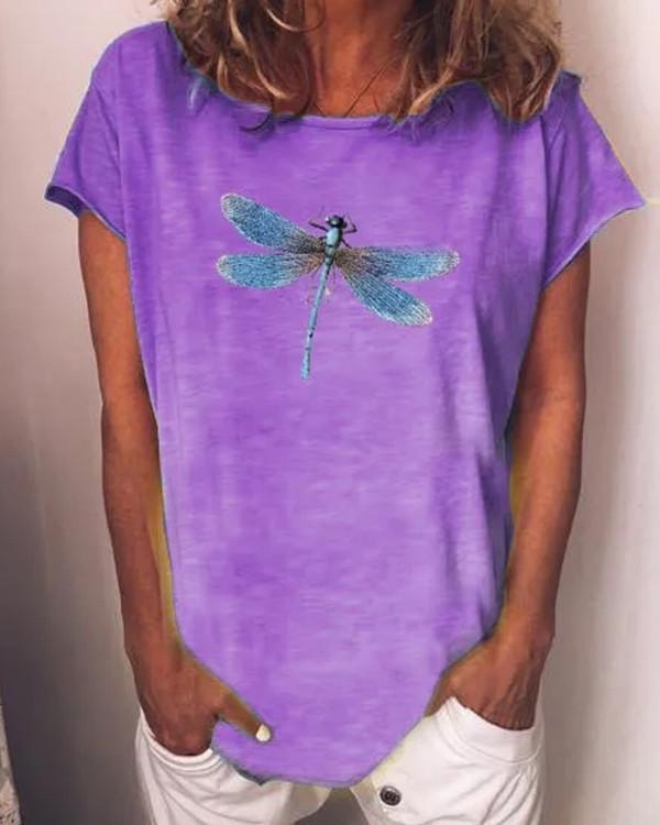 Summer Casual Dragonfly Printed O-Neck Short Sleeve Cotton T-Shirt