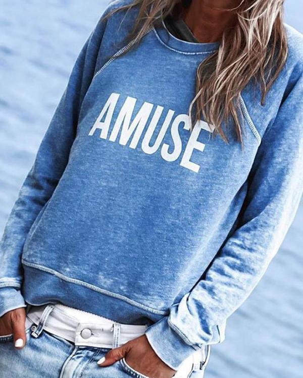 Casual Letter Printed Long Sleeve Crew-Neck Top