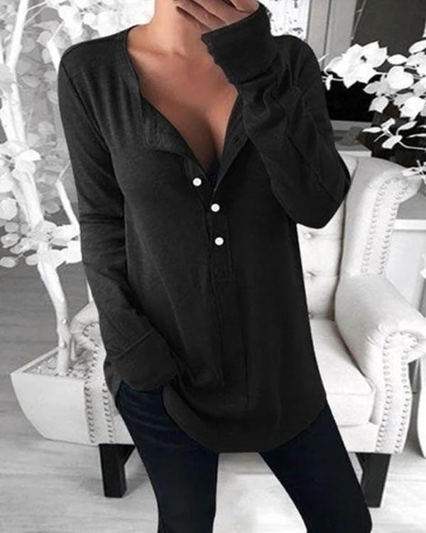 Casual Cotton V-neck Solid Color Shirt