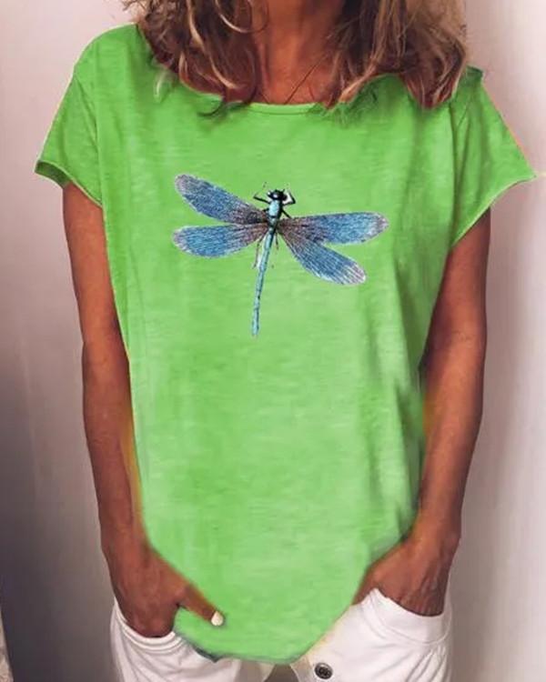 Summer Casual Dragonfly Printed O-Neck Short Sleeve Cotton T-Shirt