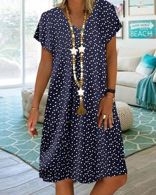 Women Casual Short Sleeve V-neck Polka Dot Printed Dress